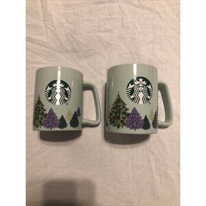 Starbucks Mug Set of 2 Modern Christmas 11 fl oz Mint & Purple Trees 2020